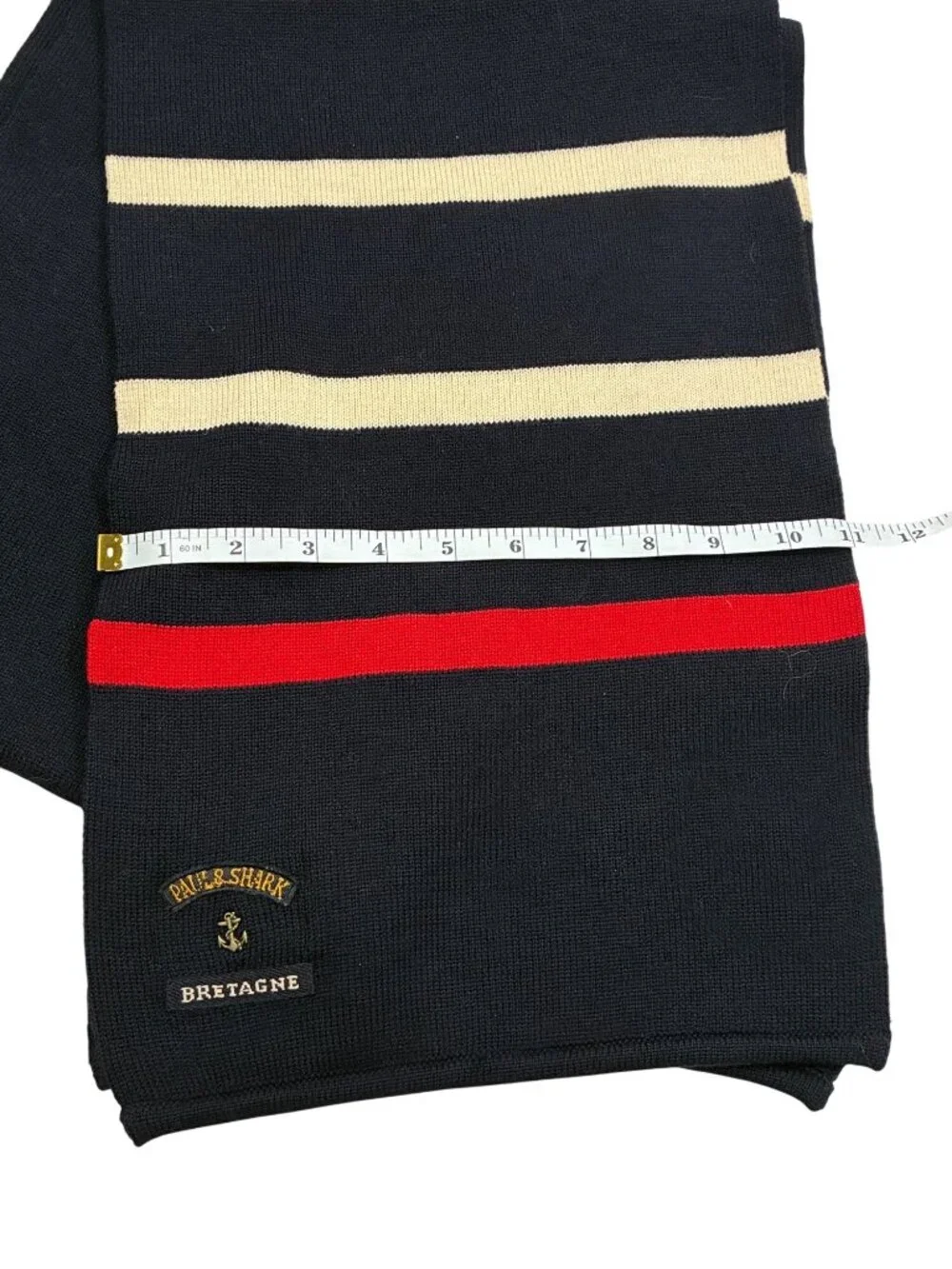 Paul & Shark Yachting Navy Wool Scarf With Red & Cream Stripes Made In Italy